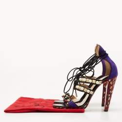 Pre Owned Christian Louboutin Black/Purple Leather and Suede Studded Ankle Tie Sandals Size 40