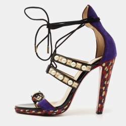 Pre Owned Christian Louboutin Black/Purple Leather and Suede Studded Ankle Tie Sandals Size 40