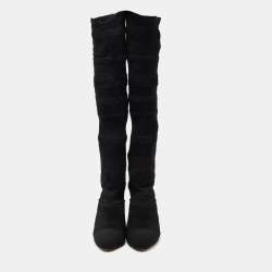 Pre Owned Christian Louboutin Black Knit Fabric Sock Thigh High Boots Size 41