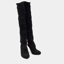 Pre Owned Christian Louboutin Black Knit Fabric Sock Thigh High Boots Size 41