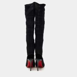 Pre Owned Christian Louboutin Black Knit Fabric Sock Thigh High Boots Size 41