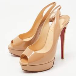 مملوكة مسبقًا Christian Louboutin Beige Patent Lady Peep Slingback Sandals Size 38