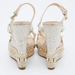 Christian Louboutin Beige Cork and Leather Pyraclou Pyadiam Studded Platform Ankle Strap Sandals Size 35