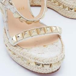 Christian Louboutin Beige Cork and Leather Pyraclou Pyadiam Studded Platform Ankle Strap Sandals Size 35