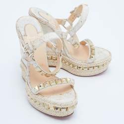 Christian Louboutin Beige Cork and Leather Pyraclou Pyadiam Studded Platform Ankle Strap Sandals Size 35