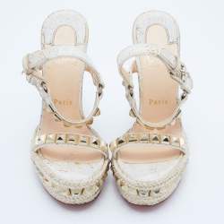 Christian Louboutin Beige Cork and Leather Pyraclou Pyadiam Studded Platform Ankle Strap Sandals Size 35