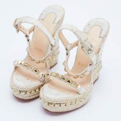 Christian Louboutin Beige Cork and Leather Pyraclou Pyadiam Studded Platform Ankle Strap Sandals Size 35