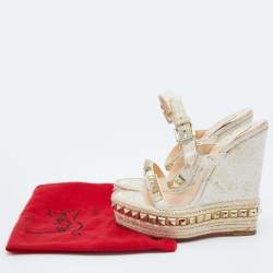 Christian Louboutin Beige Cork and Leather Pyraclou Pyadiam Studded Platform Ankle Strap Sandals Size 35