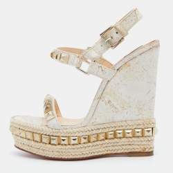 Christian Louboutin Beige Cork and Leather Pyraclou Pyadiam Studded Platform Ankle Strap Sandals Size 35