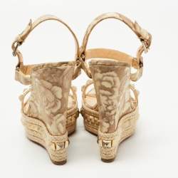 Christian Louboutin Beige Leather Studded Pyraclou Espadrille Platform Wedge Sandals Size 38