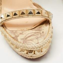 Christian Louboutin Beige Leather Studded Pyraclou Espadrille Platform Wedge Sandals Size 38