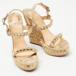 Christian Louboutin Beige Leather Studded Pyraclou Espadrille Platform Wedge Sandals Size 38