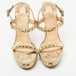 Christian Louboutin Beige Leather Studded Pyraclou Espadrille Platform Wedge Sandals Size 38