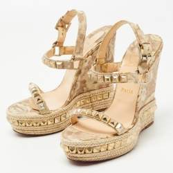 Christian Louboutin Beige Leather Studded Pyraclou Espadrille Platform Wedge Sandals Size 38