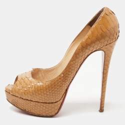 مملوكة مسبقًا Christian Louboutin Tan Python Lady Peep Pumps Size 40.5