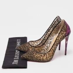 Pre Owned Christian Louboutin Black/Purple Lurex Fabric and Embellished Mesh Pumps Size 37.5