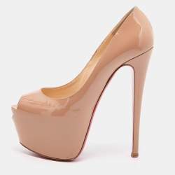 Pre Owned Christian Louboutin Beige Patent Leather Highness Peep Toe Platform Pumps Size 38