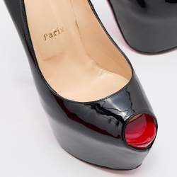 Christian Louboutin Black Patent Leather Highness Peep Toe Platform Pumps Size 38.5