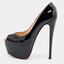 Christian Louboutin Black Patent Leather Highness Peep Toe Platform Pumps Size 38.5