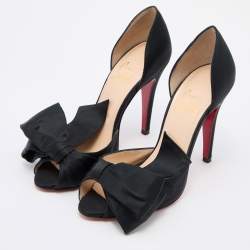 Pre Owned Christian Louboutin Black Satin Bow T Dorcet Peep Toe Pumps Size 37