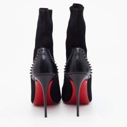 Pre Owned Christian Louboutin Black Knit Fabric and Leather Studded Dovi Dova Sock Boots Size 41