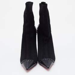 Pre Owned Christian Louboutin Black Knit Fabric and Leather Studded Dovi Dova Sock Boots Size 41