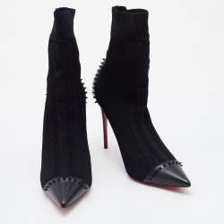 Pre Owned Christian Louboutin Black Knit Fabric and Leather Studded Dovi Dova Sock Boots Size 41