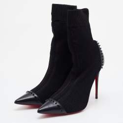 Pre Owned Christian Louboutin Black Knit Fabric and Leather Studded Dovi Dova Sock Boots Size 41