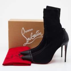 Pre Owned Christian Louboutin Black Knit Fabric and Leather Studded Dovi Dova Sock Boots Size 41