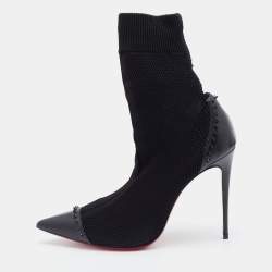 Pre Owned Christian Louboutin Black Knit Fabric and Leather Studded Dovi Dova Sock Boots Size 41