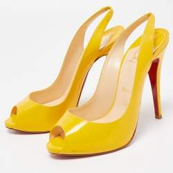 Pre Owned Christian Louboutin Yellow Patent Leather Flo Slingback Pumps Size 38.5