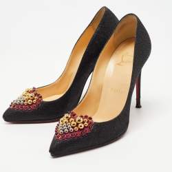 Pre Owned Christian Louboutin Black Lurex Fabric Studded Heart Coralta Mia Pumps Size 35.5