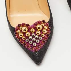 Pre Owned Christian Louboutin Black Lurex Fabric Studded Heart Coralta Mia Pumps Size 35.5