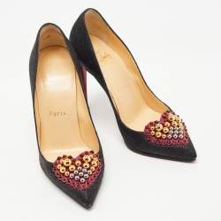 Pre Owned Christian Louboutin Black Lurex Fabric Studded Heart Coralta Mia Pumps Size 35.5