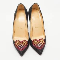 Pre Owned Christian Louboutin Black Lurex Fabric Studded Heart Coralta Mia Pumps Size 35.5