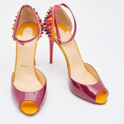 Pre Owned Christian Louboutin Multicolor Patent Leather Pina Spike Peep Toe Ankle Strap Sandals Size 39