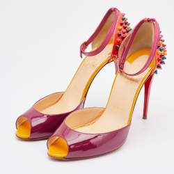 Pre Owned Christian Louboutin Multicolor Patent Leather Pina Spike Peep Toe Ankle Strap Sandals Size 39