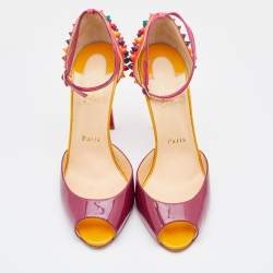 Pre Owned Christian Louboutin Multicolor Patent Leather Pina Spike Peep Toe Ankle Strap Sandals Size 39