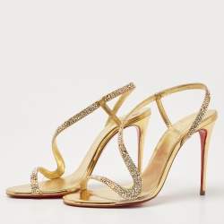 Christian Louboutin Gold Suede Crystal Embellished Rosalie Sandals Size 38