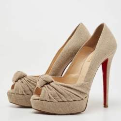Pre Owned Christian Louboutin Beige Jute Fabric Jenny Platform Knot Peep Toe Pumps Size 38