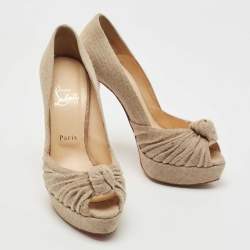Pre Owned Christian Louboutin Beige Jute Fabric Jenny Platform Knot Peep Toe Pumps Size 38