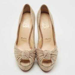 Pre Owned Christian Louboutin Beige Jute Fabric Jenny Platform Knot Peep Toe Pumps Size 38