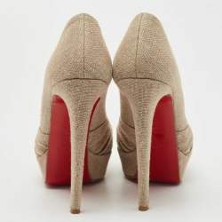 Pre Owned Christian Louboutin Beige Jute Fabric Jenny Platform Knot Peep Toe Pumps Size 38