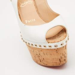 Pre Owned Christian Louboutin White Leather Monico Cork Wedge Pumps Size 36.5