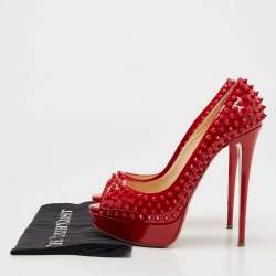 Pre Owned Christian Louboutin Red Patent Leather Lady Peep Spikes Pumps Size 41