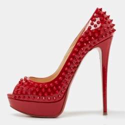 Pre Owned Christian Louboutin Red Patent Leather Lady Peep Spikes Pumps Size 41