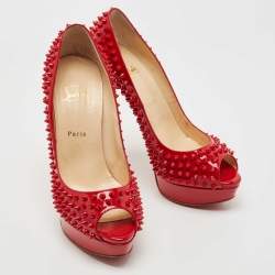 Pre Owned Christian Louboutin Red Patent Leather Lady Peep Spikes Pumps Size 41