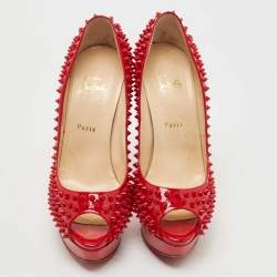 Pre Owned Christian Louboutin Red Patent Leather Lady Peep Spikes Pumps Size 41