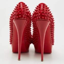 Pre Owned Christian Louboutin Red Patent Leather Lady Peep Spikes Pumps Size 41