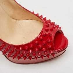 Pre Owned Christian Louboutin Red Patent Leather Lady Peep Spikes Pumps Size 41